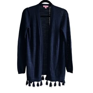 Lilly Pulitzer Navy Blue Tassel Hem Fringe Open Front Cardigan Sweater Sz Small